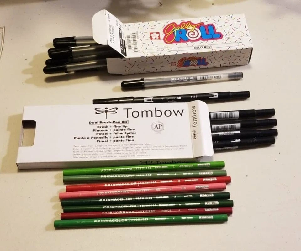 12 Sakura Black Gelly Roll Pens 5 Tombow Markers 7 Prismacolor Color Pencils