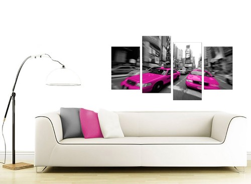 Large Black White Pink Taxi New York Canvas 130cm Wide Prints Set 4026 - Picture 3 of 9