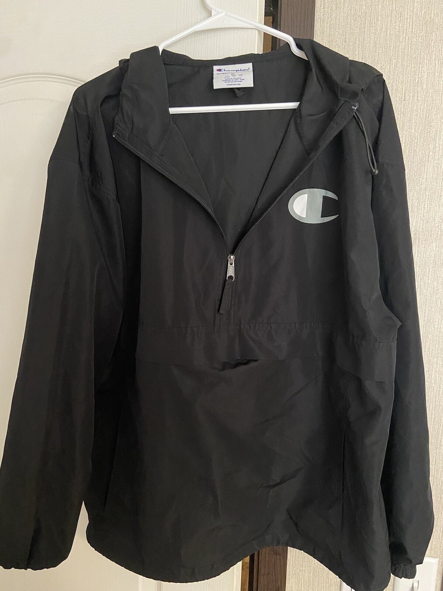 Vintage Champion Mens Track Jacket Black Windbreaker W/hood Vintage Champion Mens Track Jacket Black Windbreaker W/hood