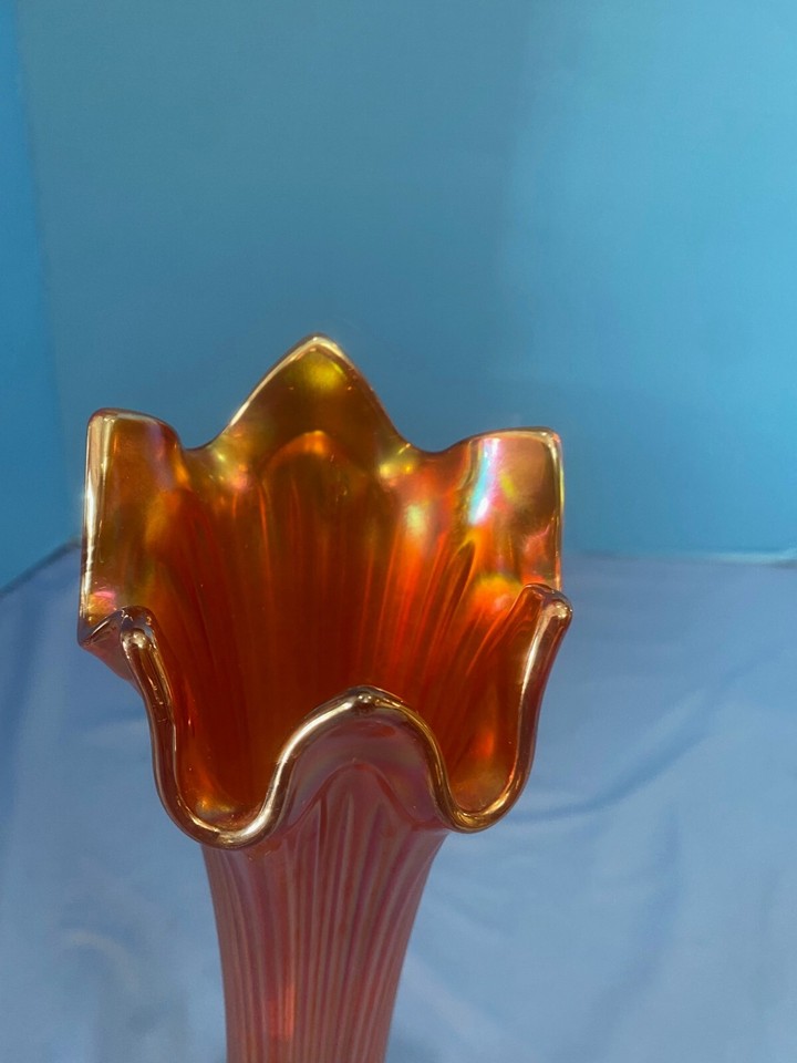 Fenton Carnival Glass Iridescent Marigold Swung Fine Rib Vase Vintage