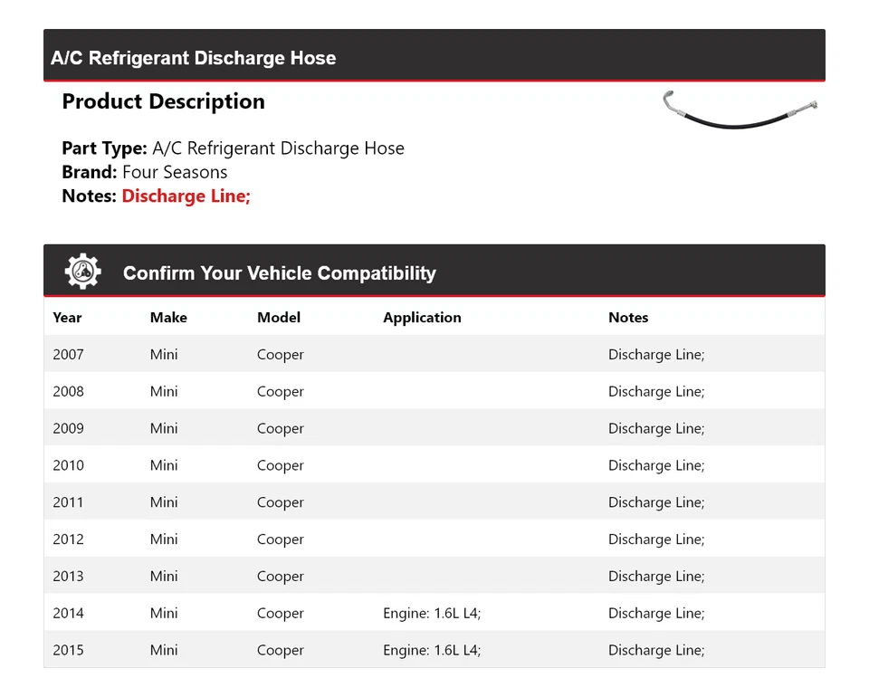 Manguera de descarga de refrigerante aire acondicionado Mini Cooper 2007-2015 4 estaciones 2008 2009 Foto 2 de 4