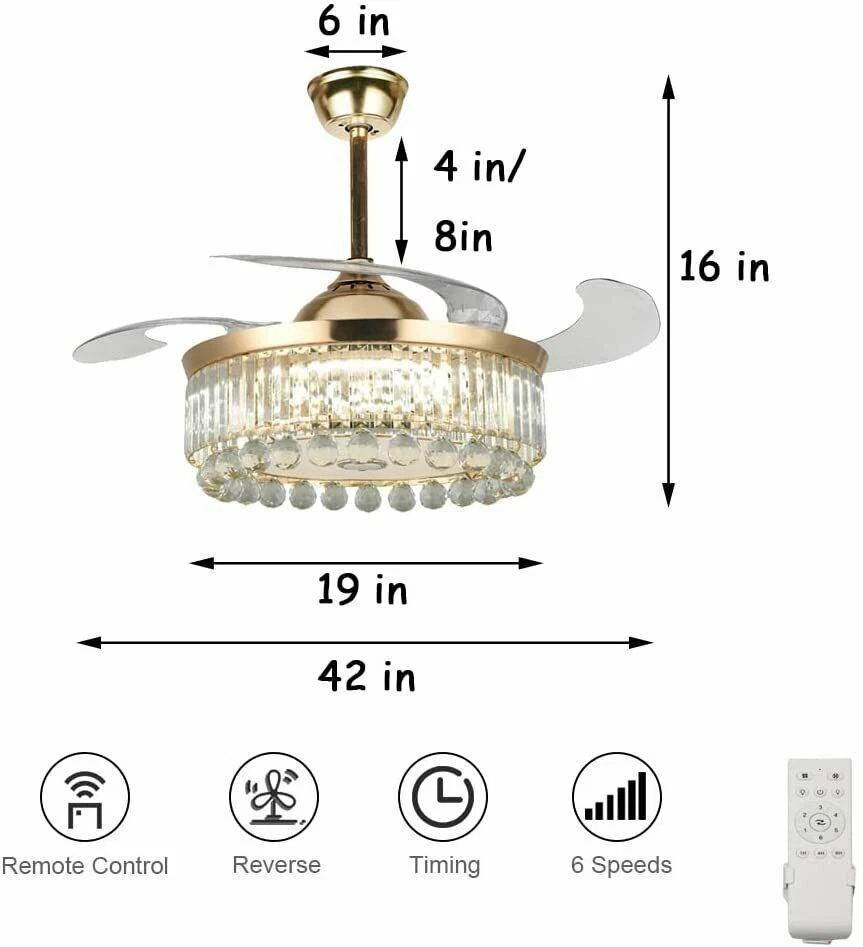 Ventilador de teto cristal 42" com luz e lustre alto-falante Bluetooth com 6 velocidades - Imagem 3 de 4