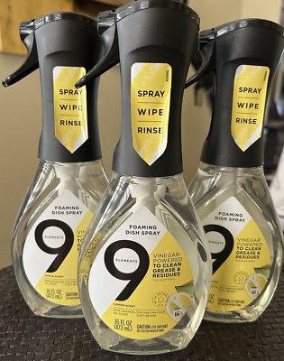 9 Elements Foaming Dish Spray Lemon Scent (Lot of 3) Vinegar Powered