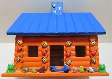 Decorated Painted Log Cabin Birdhouse From Unfinished Wood 7.75" x 6.375" x 5.8"