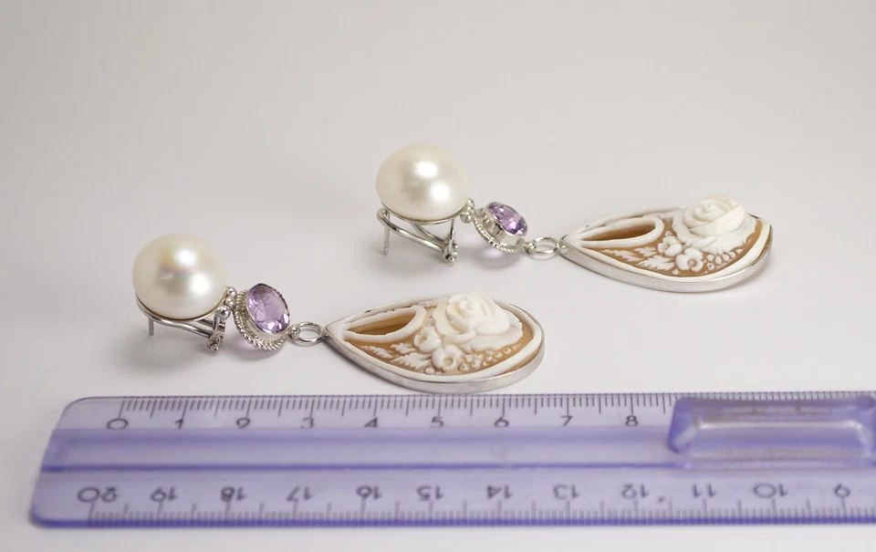 ORECCHINI IN ARGENTO 925 CON PERLE AMETISTA E CAMMEO SARDONICO FIORI AGHT 0624 - Immagine 3 di 3