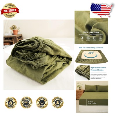 Eco-Friendly Solid Olive Linen Fitted Sheet for Luxurious Sleep - King Size
