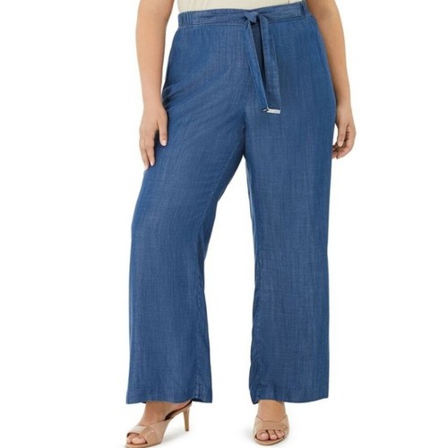 Size Wide Leg Tie-Front Chambray Pants 
