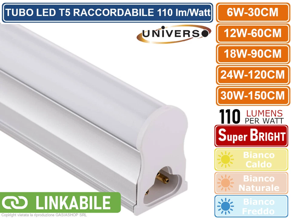 TUBO NEON LED SMD T5 PLAFONIERA RACCORDABILE DA 30CM 60CM 90CM 120CM 150CM IP20 - Immagine 2 di 4