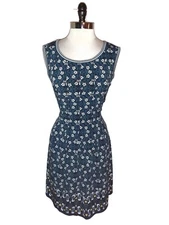 MAX STUDIO Size L A-Line Dress Blue White Floral Sleeveless Stretch Knit