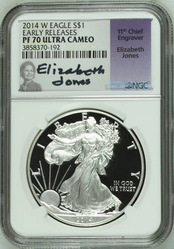 :2014-W S$1 AMERICAN EAGLE 1OZ NGC PF 70 ULTRA CAMEO ELIZABETH JONES TOP POP