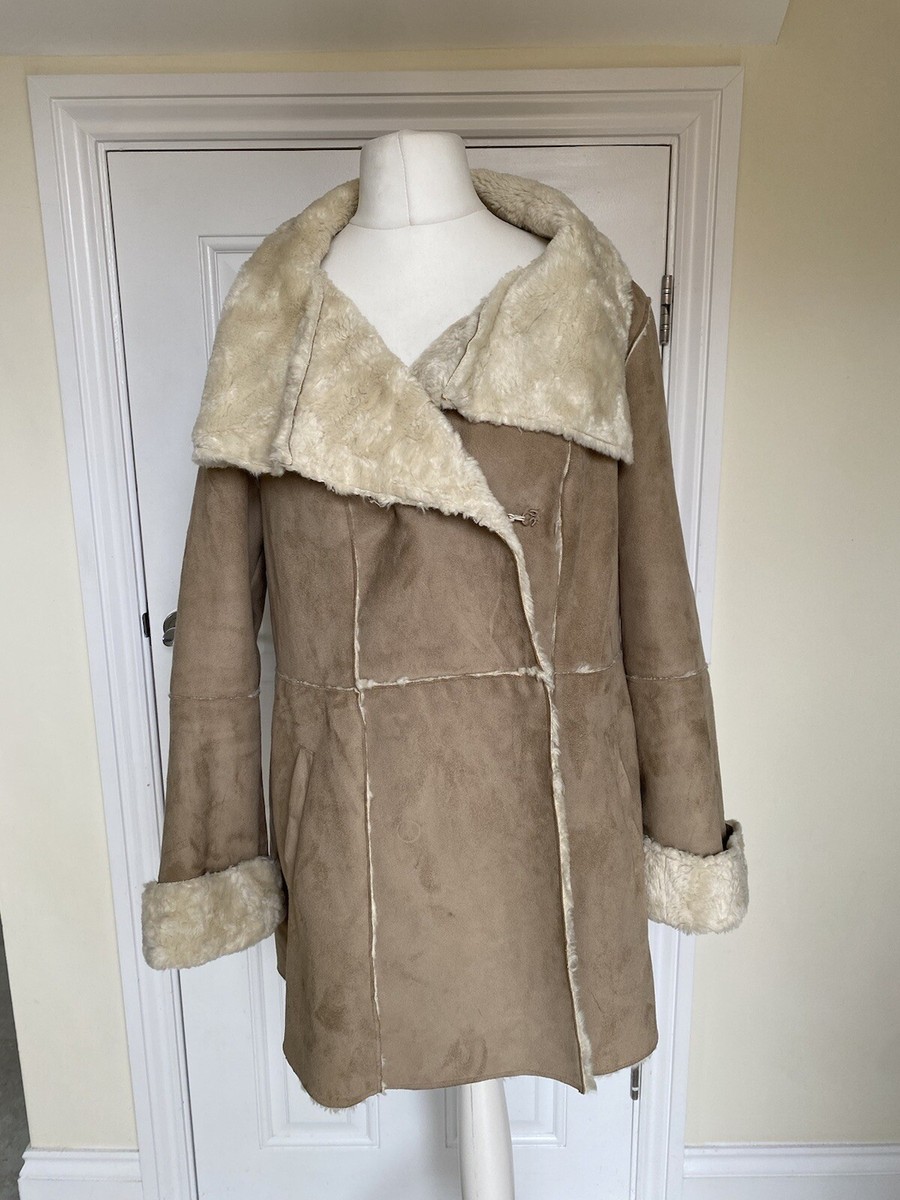 Monsoon Faux Sheepskin Mid-Length Coat Fur Trim Size 16