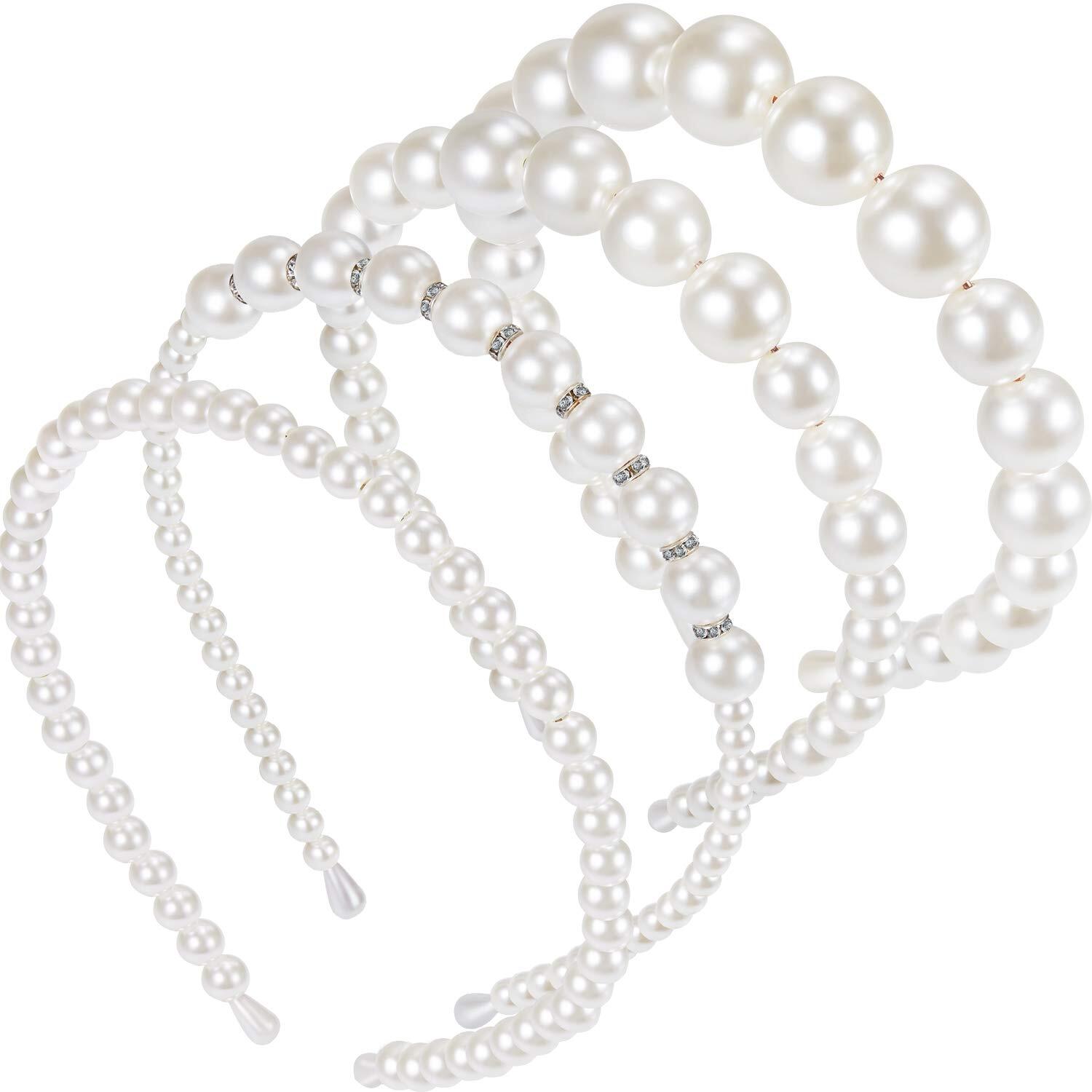 4Pcs Pearls Headbands White Faux Rhinestones Hairbands Hoop Accessories for Girl