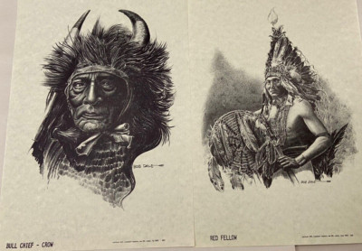 VTG Bob Dale Western TWO PRINTS-Native American Bull Chief Crow- Red Fellow-Gift