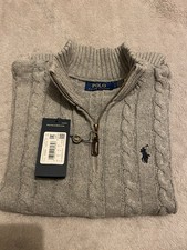 Ralph Lauren Men's Cable Knit Quarter Zip Jumper Grey Size Small