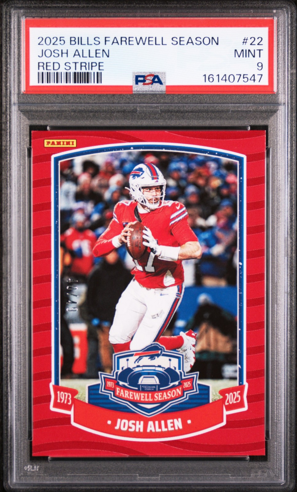 2025 PANINI BUFFALO BILLS FAREWELL SEASON RED STRIPE #22 JOSH ALLEN 40/49 PSA 9