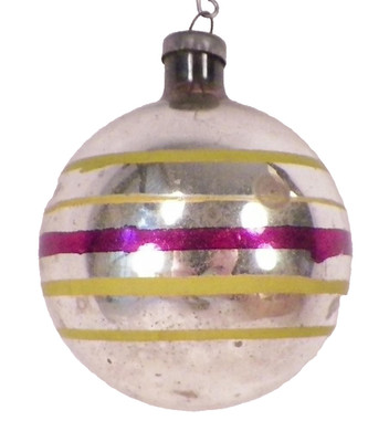 Shiny Brite Christmas Ornament Purple Chartreuse Stripes on Silver Vintage #276