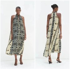 Zara Geo Print Ruffled Collar Halter Neck Midi A-Line Dress Blue & Tan M NWT