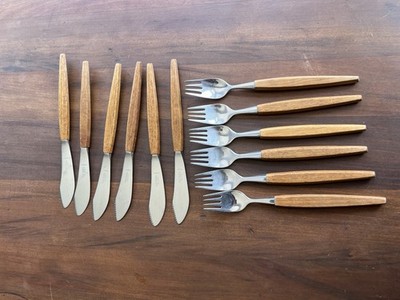 Vintage S&S Helle Teak Stainless Flatware 12 Pcs Norway Forks & Knives MCM