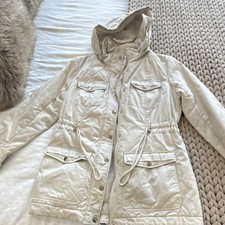 Beige Hooded Drawstring Button Zip Jacket Lined Long Sleeve Mid-Length Pockets