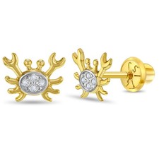 14k Gold Curious Crab Kids / Children's / Girls Earrings Safety Screw Back