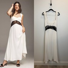 BHLDN Anthropologie White Maxi Dress Black Lace Inset Square Neck Med