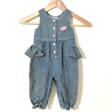 Vtg Stripe Denim Bubble Romper Jumper 12M Heart Buttons Peplum Ruffle Rosette