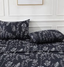 Queen Black Floral Sheet Set - 4pc Dark Botanical Boho Bedding - Deep Pocket