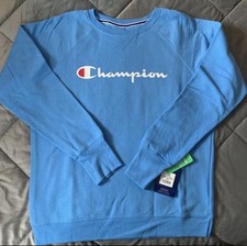 Champion Women s Blue Crew Neck Pullover Fleece Sweatshirt Logo Large