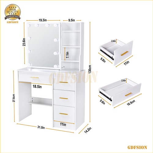 Makeup Vanity Table Dressing Desk With Sliding Lighted Mirror 4 Drawers Dresser - Picture 3 of 9