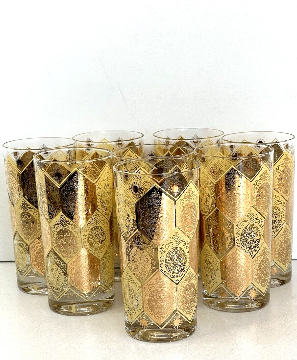 CERA 22K Gold Pineapple Highball Cocktail Tumbler/Glasses Set Of (8) Ned Harris