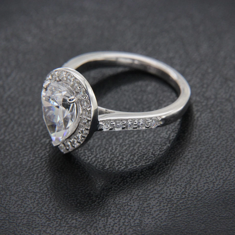 Conjunto de anel de noivado 4 CT corte pera zircônia cúbica conjunto halo em prata 925 tamanho 5,5 - Imagem 3 de 4