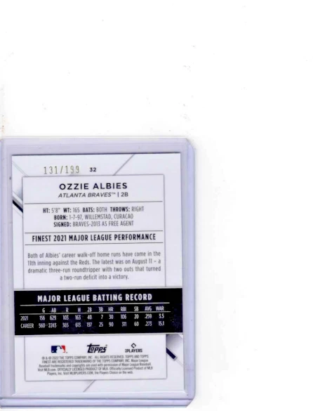 2022 Topps Finest Refractor Aqua #32 Ozzie Albies /199 Braves - Image 2 of 2