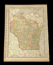 1895 Detroit City & Wisconsin State Colored Atlas World Map Rand McNally Vintage