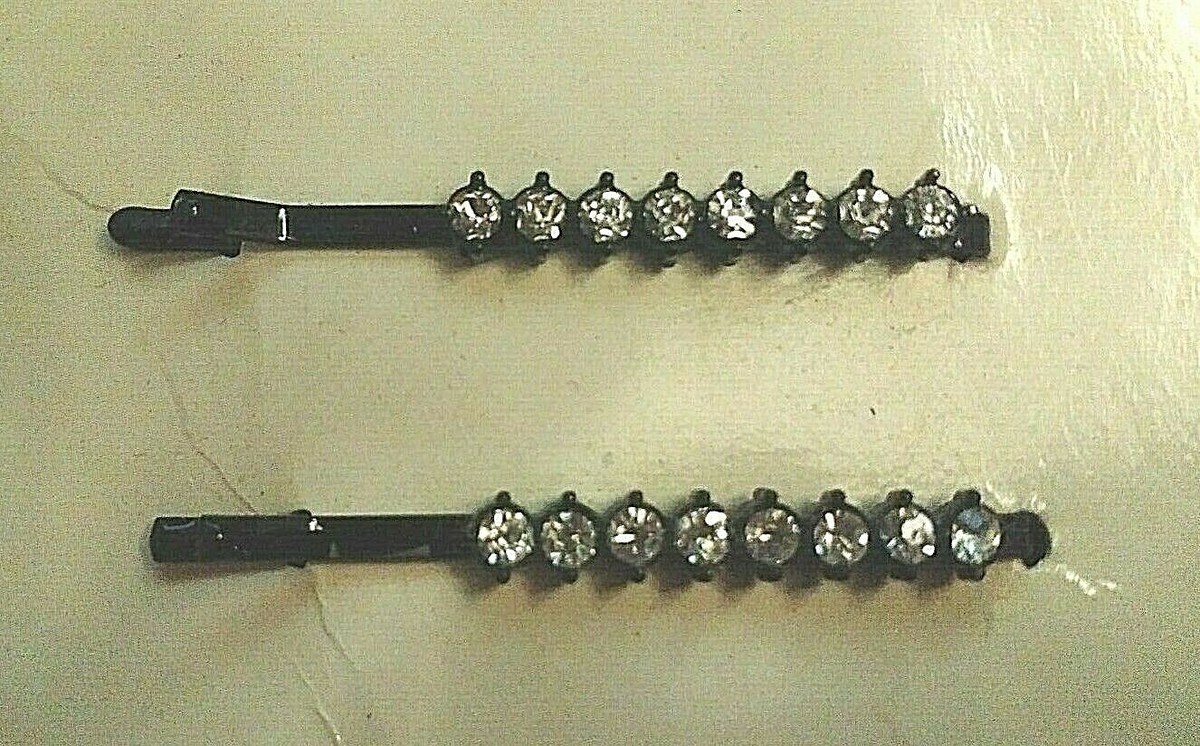 Classic Hardware hair jewelry clips set of two black and clear rhinestones Two Vintage Hair Clips , Double Flowers , Black With Clear  main image 3
