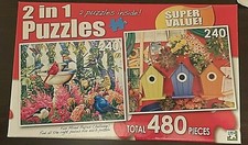 2 in 1 Puzzles 480 pieces total - Fountain Gathering and Birdhouse - 11.25' X 9'