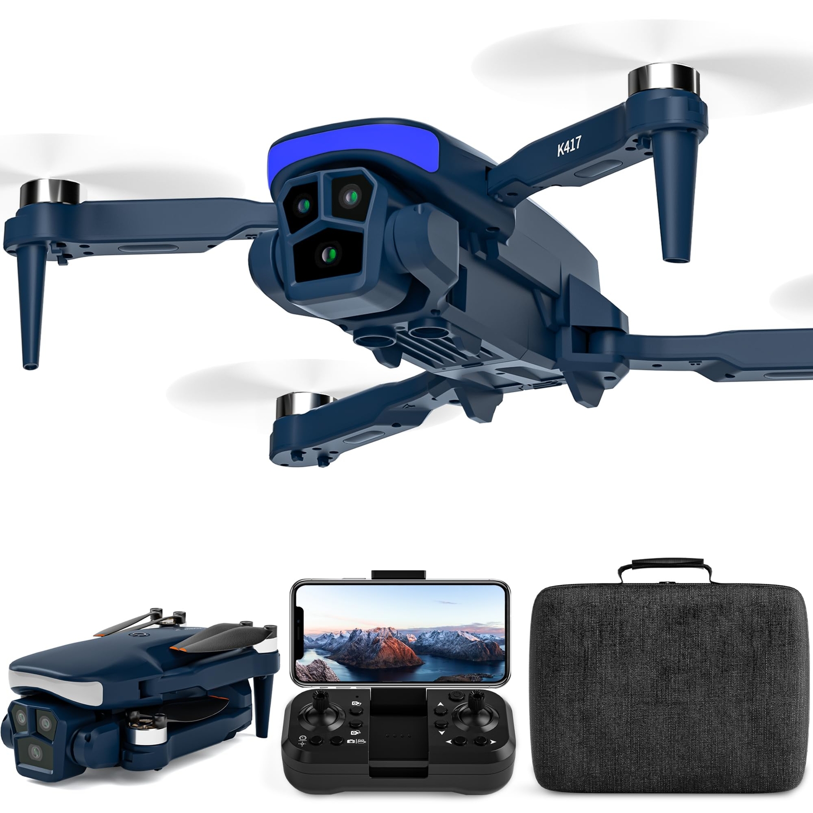 K417 Drone with 1080p HD Camera 90° Adjustable Lens & Blue LED Lights