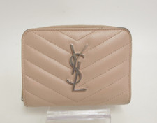 Authentic YSL Saint Laurent Leather V stitch Zip Around Compact Wallet 32114