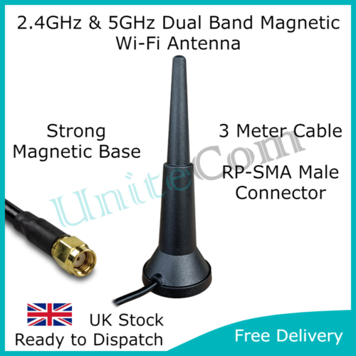 Wi-Fi 2.4 & 5GHz Magnetic Antenna RP-SMA Internal/External Broadband WIFI Router - Picture 1 of 5