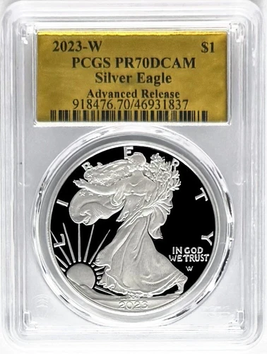 2023 W PROOF SILVER EAGLE ADVANCED RELEASES NGC PF70 GOLD FOIL LABEL