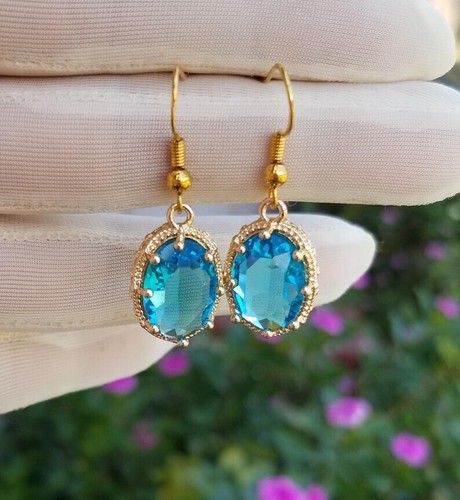 14k Gold BlueTopaz Earrings, Oval Australian Crystal Blue Topaz Dangle Earrings - Picture 5 of 5