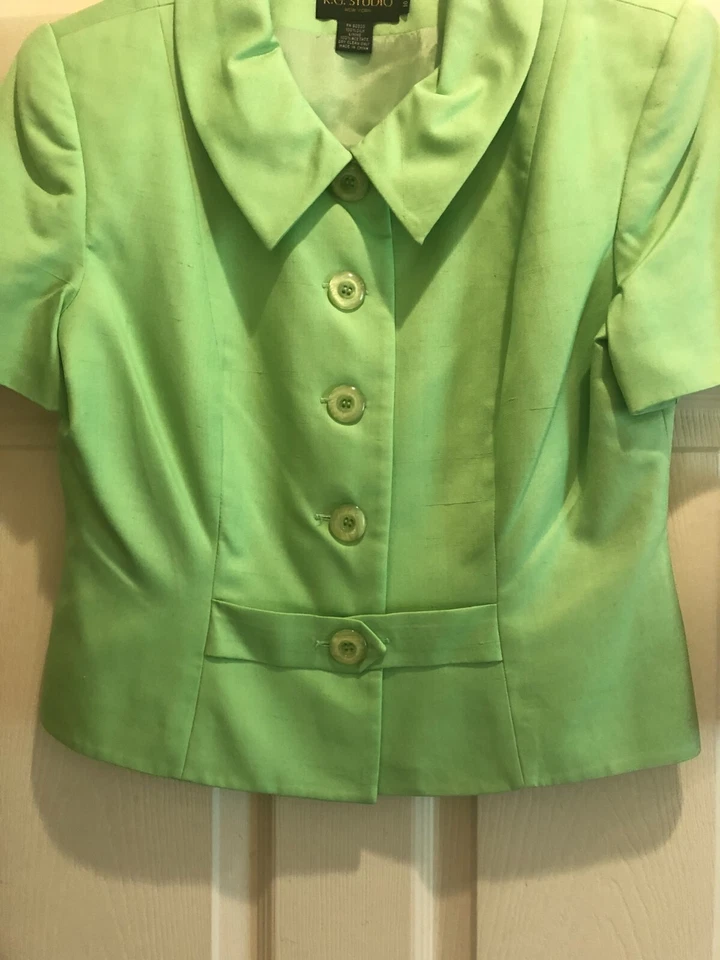 NOVO COM ETIQUETAS K G STUDIO VERDE LIMÃO 100% SEDA FORRADO 2~PC TERNO SAIA MANGA CURTA ~ 10 - Imagem 4 de 4