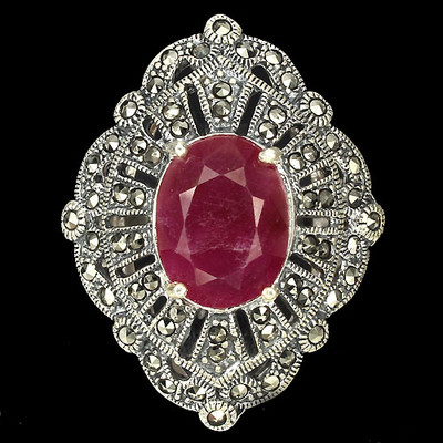 GORGEOUS OVAL CUT10ct RICH RED PINK RUBY, MARCASITE STERLING 925 SILVER RING 8.5