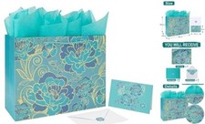 13" Large Gift Bag Set with Greeting Card and Tissue Paper Foil Rose Green