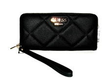 GUESS Fantine Black Logo Quilted Leather Zip Around Wristlet Wallet   BRAND NEW  
