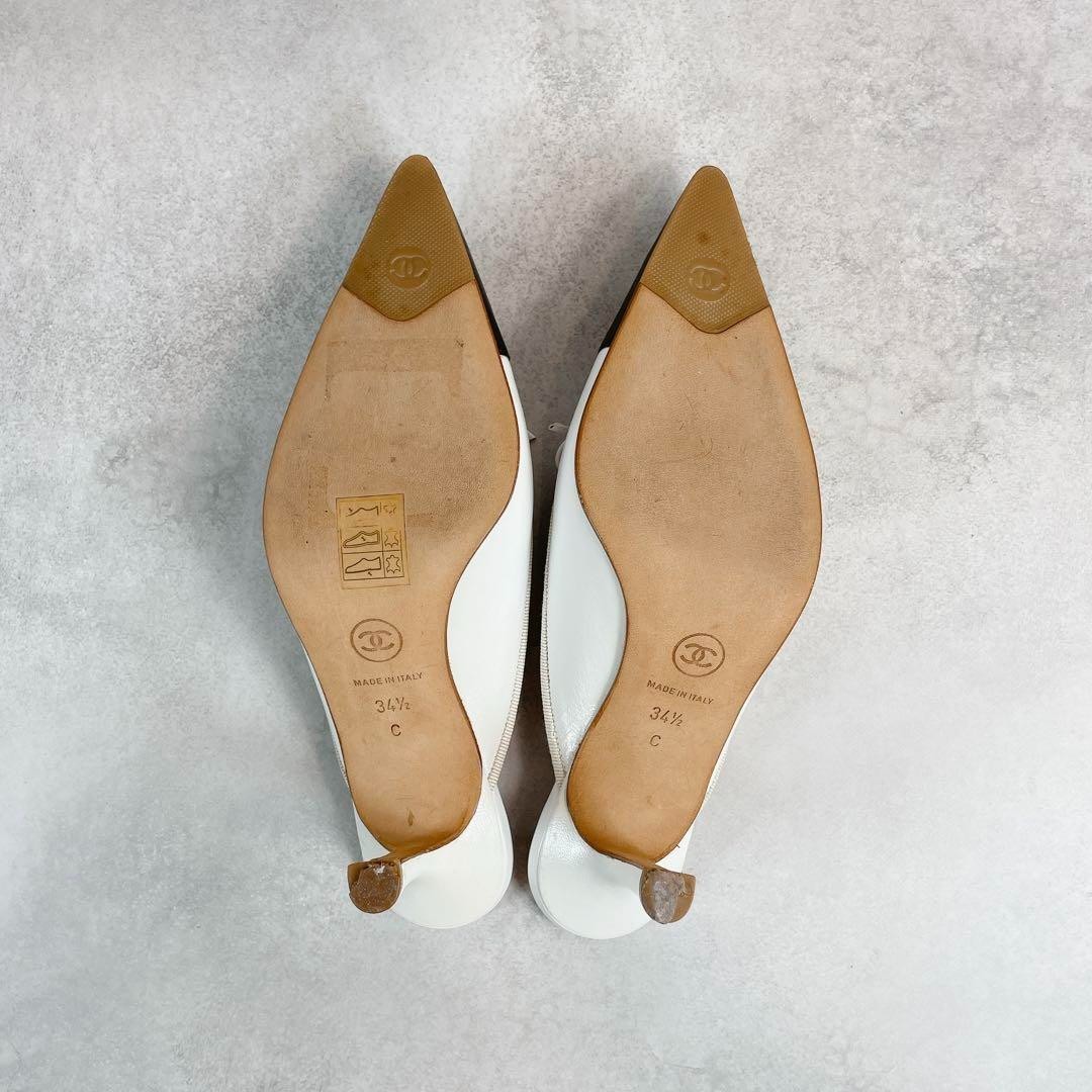 CHANEL Vintage Bow CC Mules Leather 34.5 Black White Pointed Toe