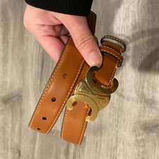 Celine Belt For Women Triomphe Calfskin Leather Belt Gold Buckle Brown Size 100