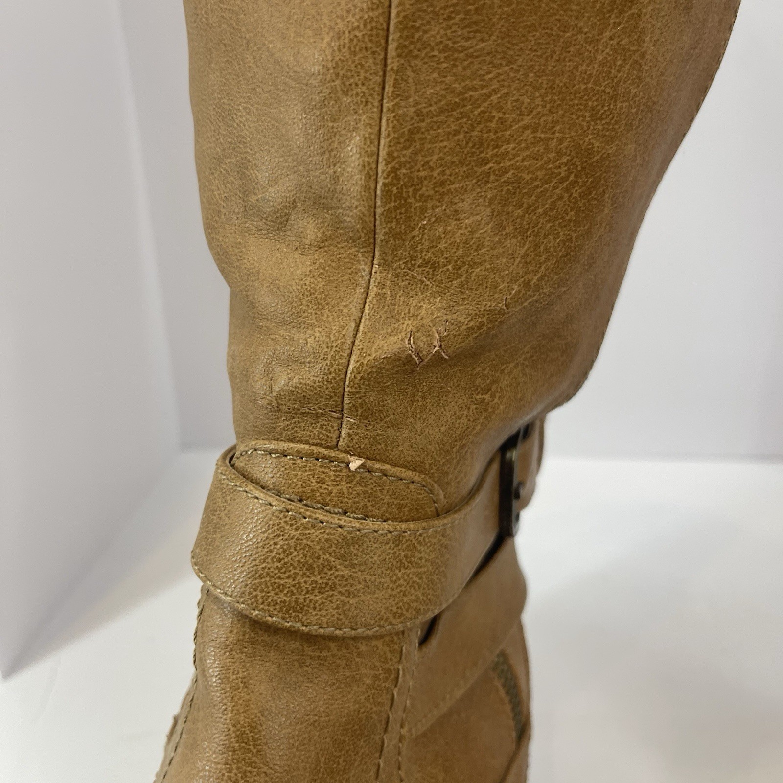 BareTraps Sheela Knee-High Boots 10M Cognac Brown Zip Buckle Riding Biker