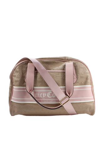 Juicy Couture Womens Double Handle Zip Top Monogram Leather Duffel Handbag Brown