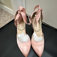 Women s Pink Satin Pointed Toe Block Heel Pumps Pearl Bow Ankle Strap Tie 6.5