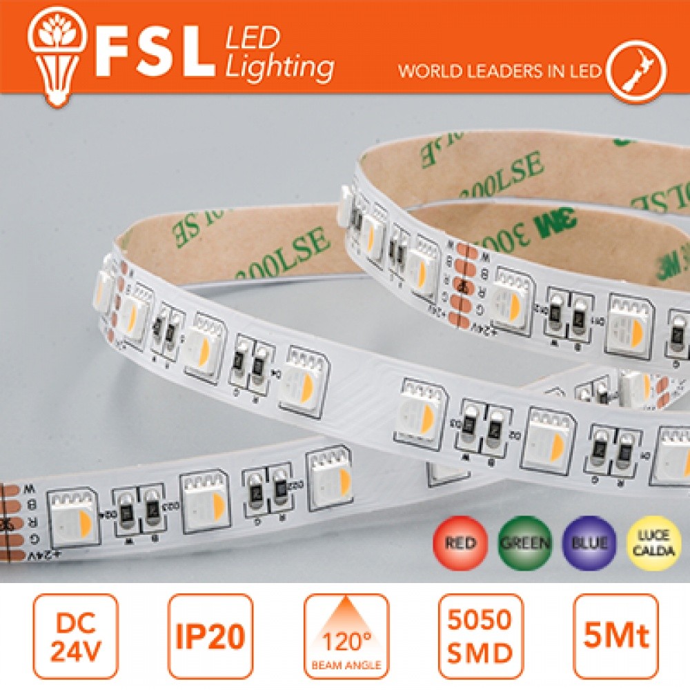Striscia LED RGB+W 5m 24V 14W/m 60LED/m 3000K IP20 Luci Decorative